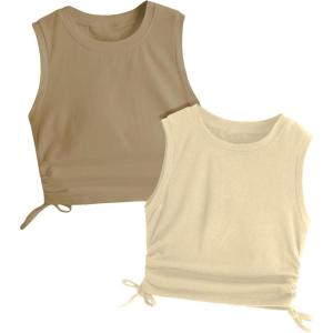 imageMilumia Girls 2 Pack Ruched Knot Side Round Neck Sleeveless Basic Crop Tank TopsApricot and Khaki