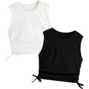 imageMilumia Girls 2 Pack Ruched Knot Side Round Neck Sleeveless Basic Crop Tank TopsBlack and White