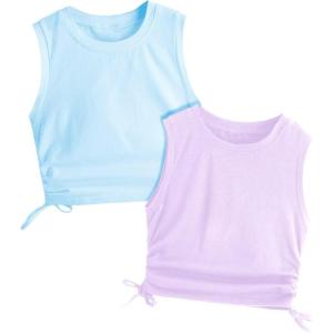 imageMilumia Girls 2 Pack Ruched Knot Side Round Neck Sleeveless Basic Crop Tank TopsBlue and Purple