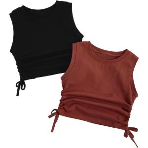 imageMilumia Girls 2 Pack Ruched Knot Side Round Neck Sleeveless Basic Crop Tank TopsMulti Black Red