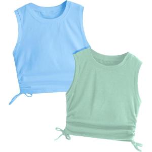 imageMilumia Girls 2 Pack Ruched Knot Side Round Neck Sleeveless Basic Crop Tank TopsMulti Blue Green
