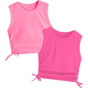 imageMilumia Girls 2 Pack Ruched Knot Side Round Neck Sleeveless Basic Crop Tank TopsMulti Pink