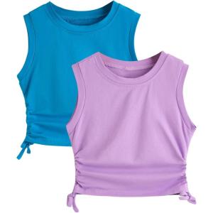 imageMilumia Girls 2 Pack Ruched Knot Side Round Neck Sleeveless Basic Crop Tank TopsPurple Blue