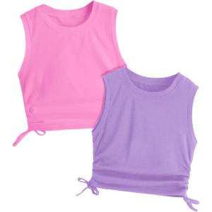 imageMilumia Girls 2 Pack Ruched Knot Side Round Neck Sleeveless Basic Crop Tank TopsPurple and Pink