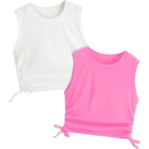 imageMilumia Girls 2 Pack Ruched Knot Side Round Neck Sleeveless Basic Crop Tank TopsWhite and Pink