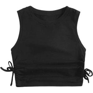 imageMilumia Girls Ruched Knot Side Solid Round Neck Sleeveless Crop Tank TopsBlack