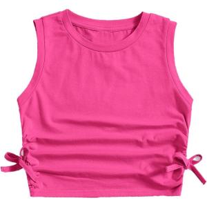 imageMilumia Girls Ruched Knot Side Solid Round Neck Sleeveless Crop Tank TopsHot Pink