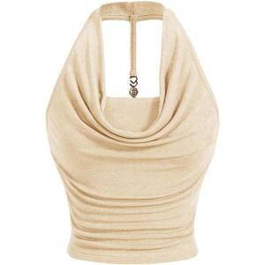 imageMilumia Women Ruched Halter Y2k Crop Tops Backless Cowl Neck Sleeveless ShirtsApricot