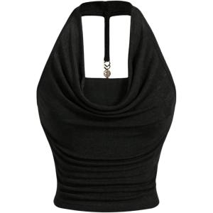 imageMilumia Women Ruched Halter Y2k Crop Tops Backless Cowl Neck Sleeveless ShirtsBlack