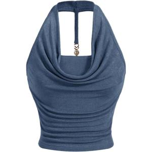 imageMilumia Women Ruched Halter Y2k Crop Tops Backless Cowl Neck Sleeveless ShirtsBlue