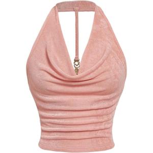 imageMilumia Women Ruched Halter Y2k Crop Tops Backless Cowl Neck Sleeveless ShirtsCoral Pink