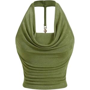 imageMilumia Women Ruched Halter Y2k Crop Tops Backless Cowl Neck Sleeveless ShirtsGreen