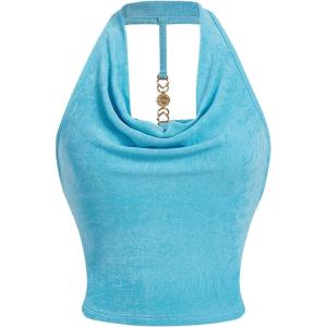 imageMilumia Women Ruched Halter Y2k Crop Tops Backless Cowl Neck Sleeveless ShirtsLight Blue