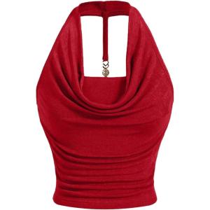 imageMilumia Women Ruched Halter Y2k Crop Tops Backless Cowl Neck Sleeveless ShirtsRed