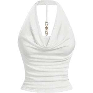 imageMilumia Women Ruched Halter Y2k Crop Tops Backless Cowl Neck Sleeveless ShirtsWhite