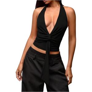 imageMilumia Womens Deep V Neck Halter Top Wrap Twist Backless Cami Crop TopsBlack