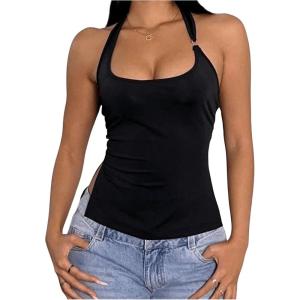imageMilumia Womens Scoop Neck Low Cut Ruched Backless Halter Top Y2K Side Slit Fitted Sleeveless Tank TopsBlack
