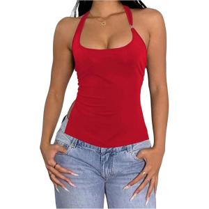 imageMilumia Womens Scoop Neck Low Cut Ruched Backless Halter Top Y2K Side Slit Fitted Sleeveless Tank TopsBright Red