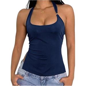 imageMilumia Womens Scoop Neck Low Cut Ruched Backless Halter Top Y2K Side Slit Fitted Sleeveless Tank TopsDeep Blue