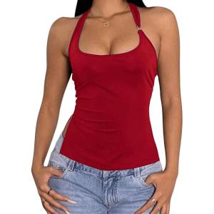 imageMilumia Womens Scoop Neck Low Cut Ruched Backless Halter Top Y2K Side Slit Fitted Sleeveless Tank TopsRed