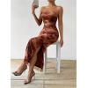 imageMilumia Womens Printed Strapless Tube Top Long Dress Slit Hem Sleeveless Bodycon Maxi DressesCoffee Brown