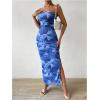 imageMilumia Womens Printed Strapless Tube Top Long Dress Slit Hem Sleeveless Bodycon Maxi DressesDusty Blue