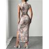 imageMilumia Womens Ruched Floral Sleeveless Bodycon Midi Dress Mock Neck Slit Thigh DressesPink