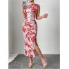 imageMilumia Womens Ruched Floral Sleeveless Bodycon Midi Dress Mock Neck Slit Thigh DressesRed