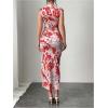 imageMilumia Womens Ruched Floral Sleeveless Bodycon Midi Dress Mock Neck Slit Thigh DressesRed