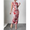 imageMilumia Womens Ruched Floral Sleeveless Bodycon Midi Dress Mock Neck Slit Thigh DressesRed