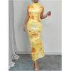 imageMilumia Womens Ruched Floral Sleeveless Bodycon Midi Dress Mock Neck Slit Thigh DressesYellow