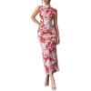 imageMilumia Womens Ruched Floral Sleeveless Bodycon Midi Dress Mock Neck Slit Thigh DressesRed
