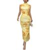 imageMilumia Womens Ruched Floral Sleeveless Bodycon Midi Dress Mock Neck Slit Thigh DressesYellow
