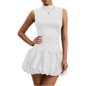 imageMilumia Womens Bubble Mini Dress Mock Neck Sleeveless Balletcore Puffy Short Party DressesWhite