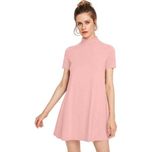 imageMilumia Womens Mock Neck T Shirt Dress Casual Short Sleeve Loose A Line Swing Mini DressCoral Pink