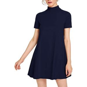 imageMilumia Womens Mock Neck T Shirt Dress Casual Short Sleeve Loose A Line Swing Mini DressNavy Blue