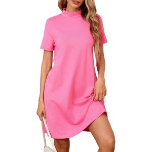 imageMilumia Womens Mock Neck T Shirt Dress Casual Short Sleeve Loose A Line Swing Mini DressPink