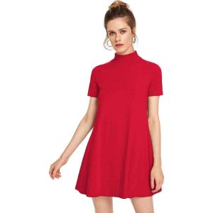 imageMilumia Womens Mock Neck T Shirt Dress Casual Short Sleeve Loose A Line Swing Mini DressRed Plain