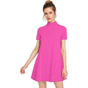 imageMilumia Womens Mock Neck T Shirt Dress Casual Short Sleeve Loose A Line Swing Mini DressRose Red
