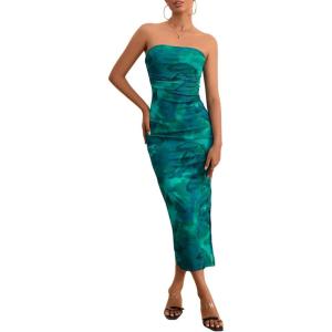 imageMilumia Womens Printed Strapless Tube Top Long Dress Slit Hem Sleeveless Bodycon Maxi DressesBlue
