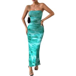 imageMilumia Womens Printed Strapless Tube Top Long Dress Slit Hem Sleeveless Bodycon Maxi DressesCadet Blue
