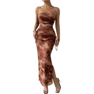 imageMilumia Womens Printed Strapless Tube Top Long Dress Slit Hem Sleeveless Bodycon Maxi DressesCoffee Brown