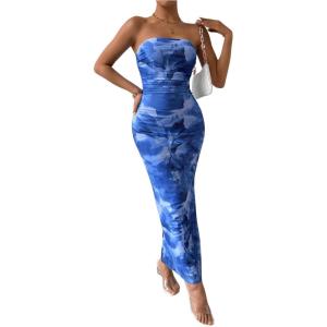 imageMilumia Womens Printed Strapless Tube Top Long Dress Slit Hem Sleeveless Bodycon Maxi DressesDusty Blue