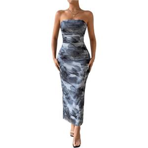 imageMilumia Womens Printed Strapless Tube Top Long Dress Slit Hem Sleeveless Bodycon Maxi DressesGrey