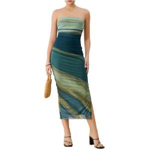imageMilumia Womens Printed Strapless Tube Top Long Dress Slit Hem Sleeveless Bodycon Maxi DressesMulticolor Green