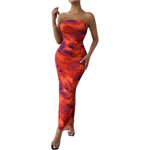 imageMilumia Womens Printed Strapless Tube Top Long Dress Slit Hem Sleeveless Bodycon Maxi DressesMulticolor Red