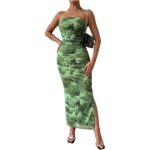 imageMilumia Womens Printed Strapless Tube Top Long Dress Slit Hem Sleeveless Bodycon Maxi DressesOlive Green