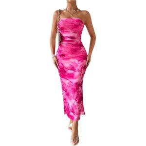imageMilumia Womens Printed Strapless Tube Top Long Dress Slit Hem Sleeveless Bodycon Maxi DressesRose Pink