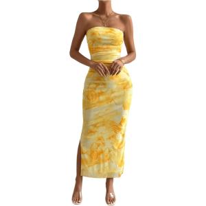 imageMilumia Womens Printed Strapless Tube Top Long Dress Slit Hem Sleeveless Bodycon Maxi DressesYellow