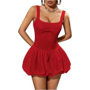 imageMilumia Womens Square Neck Sleeveless Ruffled Bubble Mini Tank DressRed